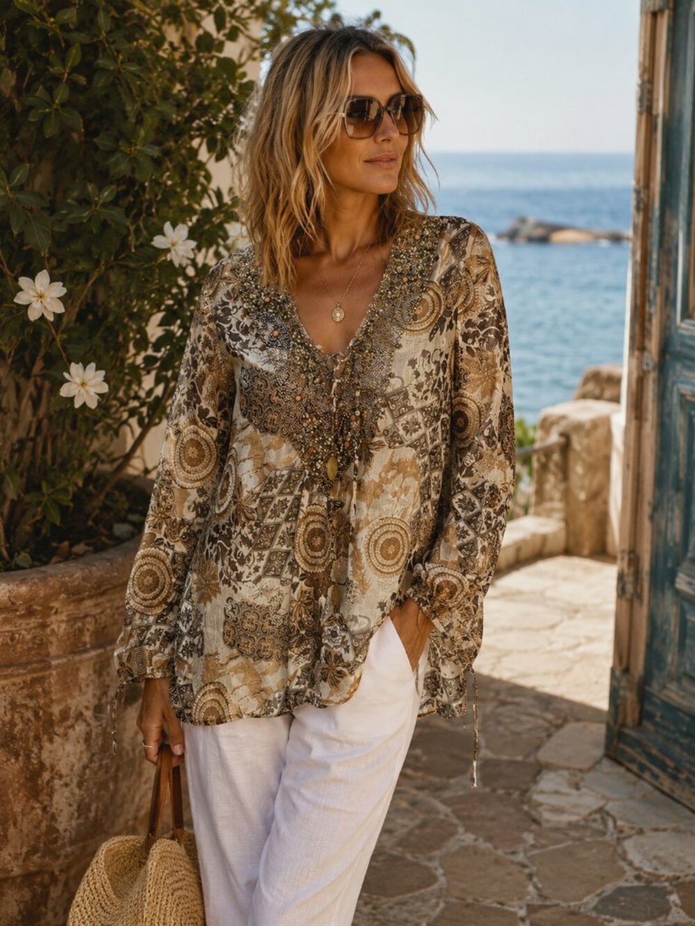 CRISCA NWOT Beaded Boho Luxe Tunic Blouse Semi Sheer Coastal Resort Travel L